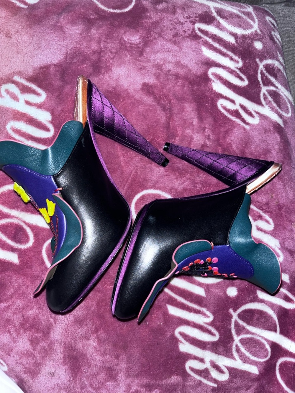 Fendi Green & Purple Floral Embroidered Leather Mules - Picture 8 of 14